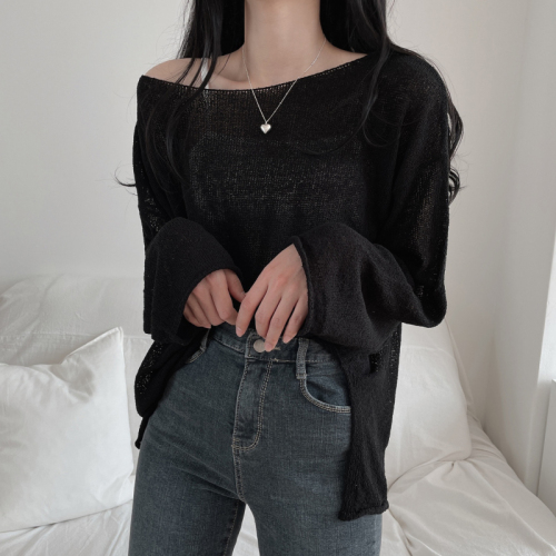 Fat mm large size knitted Korean style solid color casual long-sleeved top thin pullover hem slit sweater