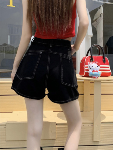 Actual shot~New design high-waisted slimming and versatile loose denim A-line shorts for women