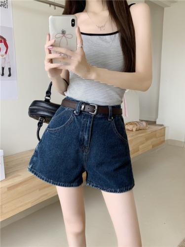 Actual shot~New design high-waisted slimming and versatile loose denim A-line shorts for women