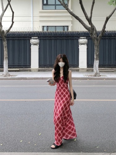 Real shot#Red Plaid Dress Women's 2024 New Suspender Long Skirt Summer High-Quality Skirt