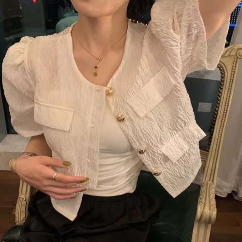 韩系chic高级感显瘦小香风肌理感白色衬衫外套女夏季防晒短袖上衣