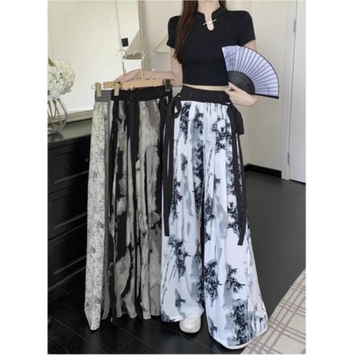 National style ink print thin casual wide leg pants new design high waist floor mopping trousers