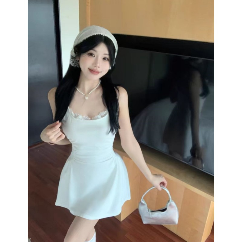 Lace suspender skirt women's summer French style pleated waist slimming A-line sleeveless short skirt