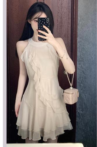 French gentle fairy dress summer new style irregular lace wrinkled temperament slim sleeveless halterneck skirt