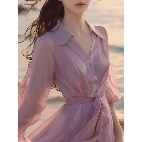 Purple shirt dress women's summer new seaside resort style elegant lady gentle and beautiful chiffon skirt