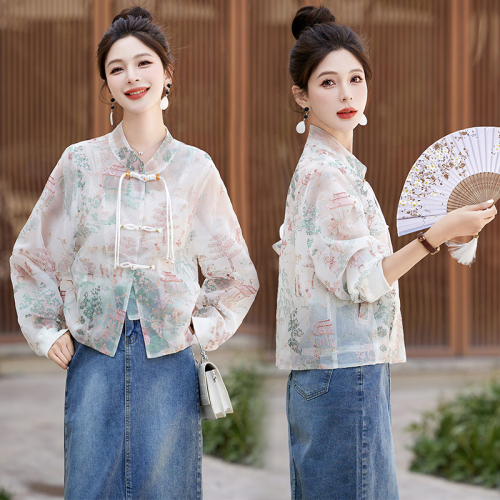 New Chinese style national style jacket for women in spring and summer for small people, retro embroidered jacquard thin sun protection jacket, short top