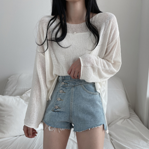 Fat mm large size knitted Korean style solid color casual long-sleeved top thin pullover hem slit sweater