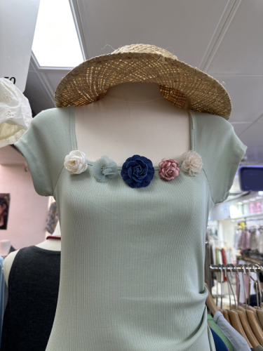 Thirteen Lines Summer New Korean Slim Square Neck DIY Flower Long Pleated Waist Slim Knitted Dress