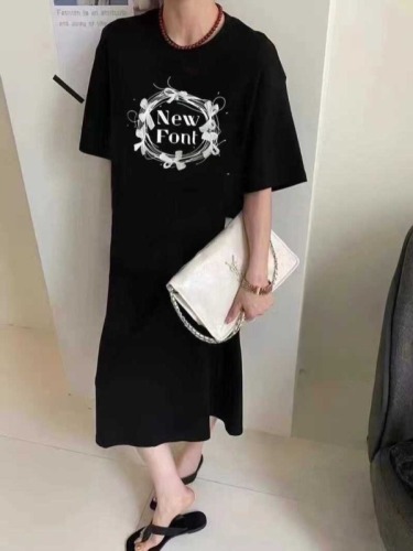 Imitation cotton milk silk#Spring and autumn Korean loose plus size dress women's short-sleeved long over-the-knee long skirt summer