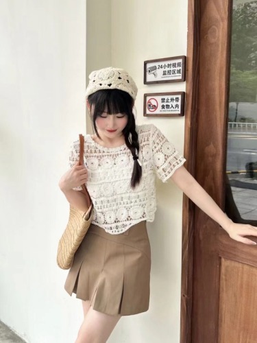Hook pattern hollow short lace blouse western style top for women 2024 summer short-sleeved suspender top pullover doll shirt