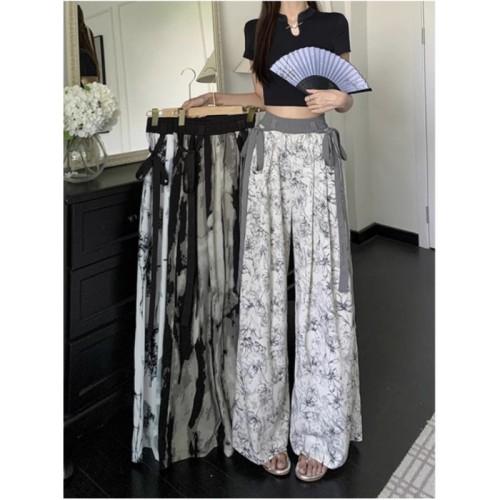 National style ink print thin casual wide leg pants new design high waist floor mopping trousers