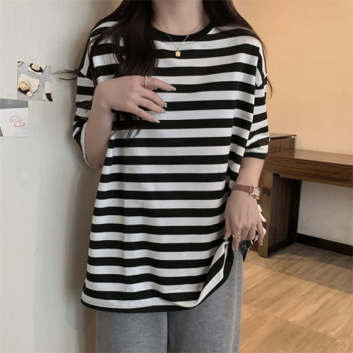 6535棉鱼鳞美式条纹短袖t恤女oversize