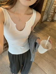 實拍  夏季韓版氣質修身半開領純色百搭針織背心內搭上衣