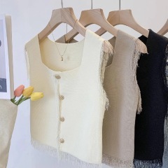 Fashionable tassel small fragrant square collar cardigan vest for women 2024 summer outer wear niche short shoulder slim top
