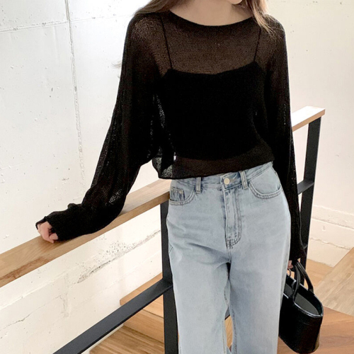Plus size women's Korean style lazy style solid color twist one shoulder bat sleeve thin sun protection blouse knitted sweater