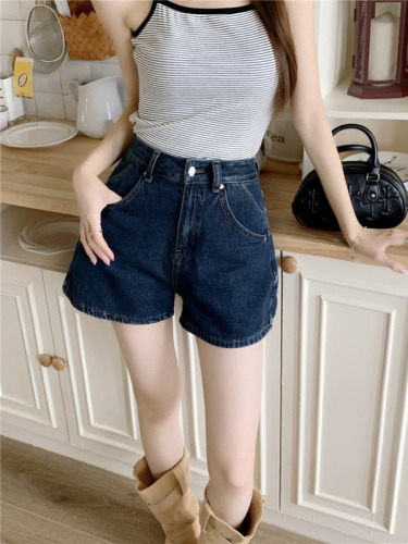 Actual shot~New design high-waisted slimming and versatile loose denim A-line shorts for women