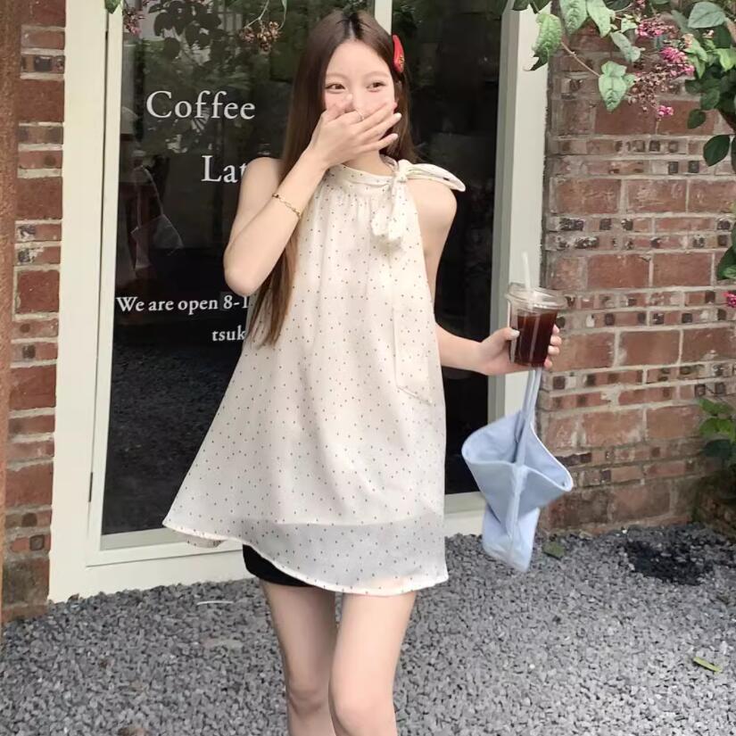 Designed bow halterneck sleeveless vest women's summer niche loose outer wear polka dot top