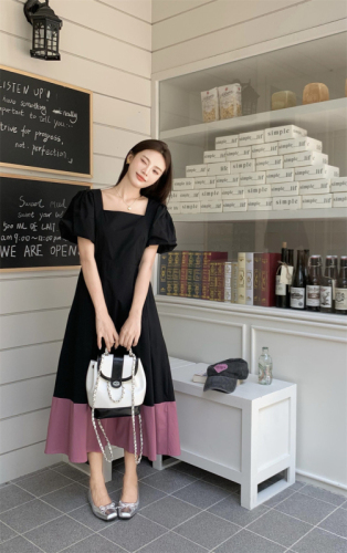 Korean chic summer new niche design square collar color matching dress women's high waist slim puff sleeve long skirt