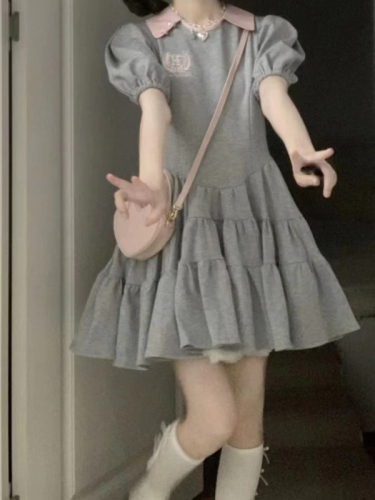French retro bow puff sleeve dress, stylish and age-reducing sweet waist-cinching princess dress
