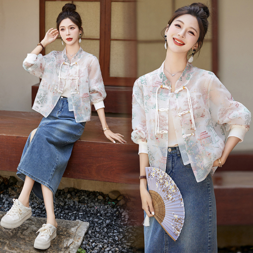 New Chinese style national style jacket for women in spring and summer for small people, retro embroidered jacquard thin sun protection jacket, short top