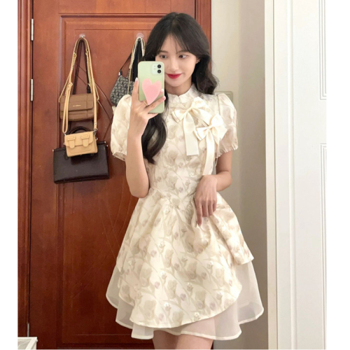 New Chinese style waist slimming tutu skirt for women 2024 summer new design puff sleeve floral dress college