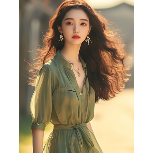 New Chinese style small stand-up collar Naples long dress super fairy mint Mambo style green chiffon dress for women summer