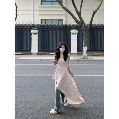 Holiday style floral suspender dress women's early spring sweet waisted irregular A-line skirt long skirt