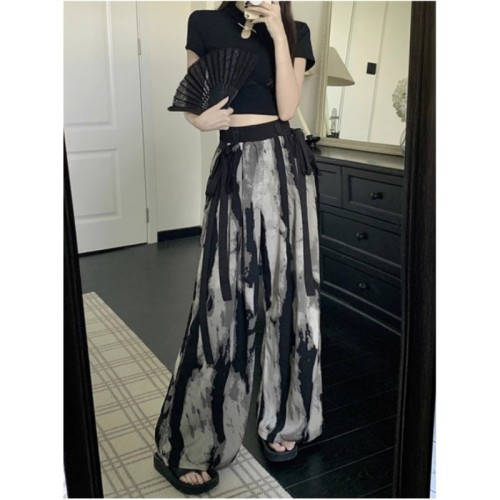 National style ink print thin casual wide leg pants new design high waist floor mopping trousers