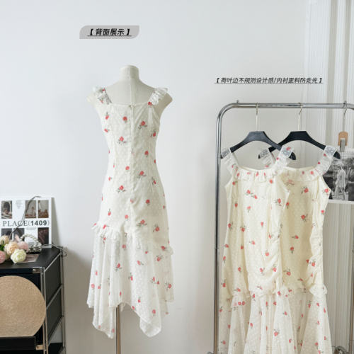 French irregular floral suspender dress for women, side neck, super fairy first love style tea break, high-end A-line long skirt