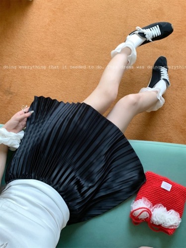 Actual shot ~ Korean style preppy high-waisted slimming versatile pleated satin A-line skirt