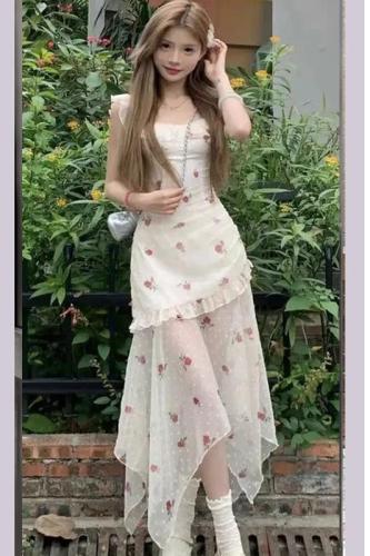 French irregular floral suspender dress for women, side neck, super fairy first love style tea break, high-end A-line long skirt