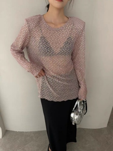 Modern 197 flash silver jacquard long-sleeved T-shirt for women summer new sexy see-through shoulder pad round neck sun protection top