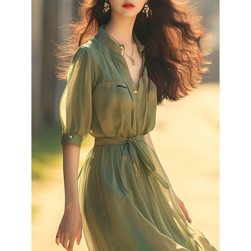 New Chinese style small stand-up collar Naples long dress super fairy mint Mambo style green chiffon dress for women summer