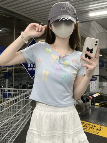 Real shot of summer hot girl style colorful bow slimming short T-shirt for women