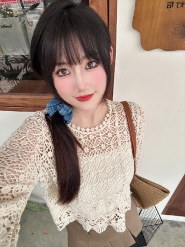 New Korean style round neck style lace crochet hollow thin sweater women's top long-sleeved blouse
