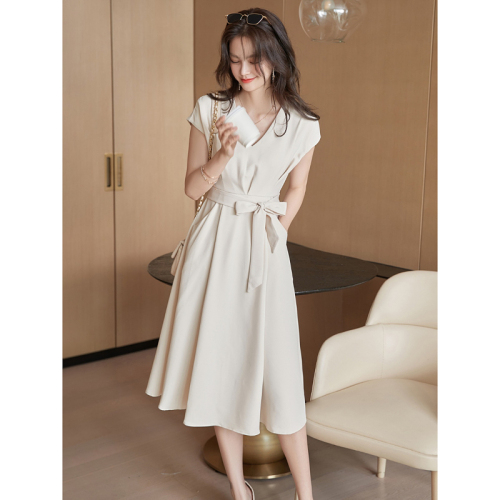 French high-end temperament v-neck dress summer new OL commuter style lace-up waist slimming mid-length skirt