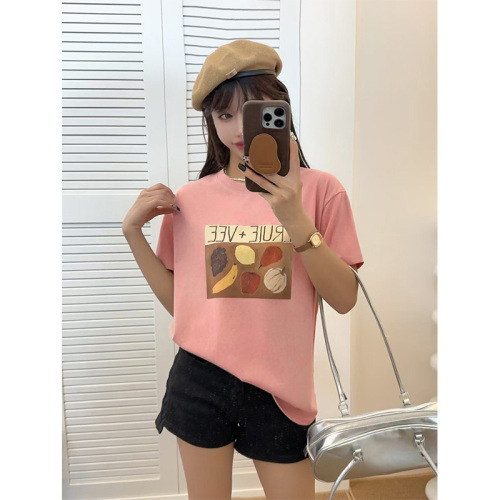 5713#官图  夏季纯棉减龄印花宽松圆领大码短女装袖T恤