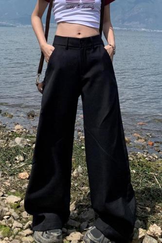 Real shot of retro loose wide-leg pants slightly flared thin suit sickle pants versatile casual pants for women & long trousers