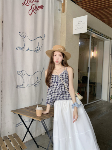 Real shot Korean ins lace splicing plaid suspender top summer girl versatile sweet temperament shirt for women