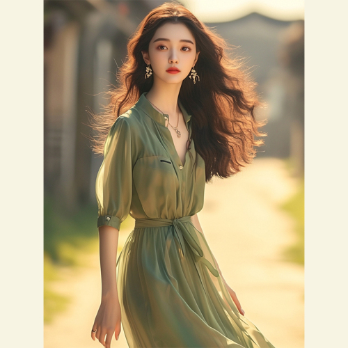 New Chinese style small stand-up collar Naples long dress super fairy mint Mambo style green chiffon dress for women summer