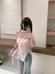 Thirteen Lines 2024 new summer style sweet ribbon halterneck with flowers slimming slit off-shoulder tube top sweater for women