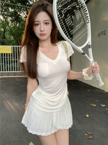 Real shot Xiao Fei Sleeve Thin T-shirt Sports Pleated Skirt