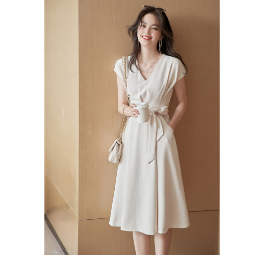 French high-end temperament v-neck dress summer new OL commuter style lace-up waist slimming mid-length skirt