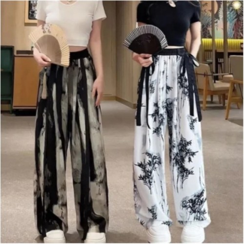 National style ink print thin casual wide leg pants new design high waist floor mopping trousers