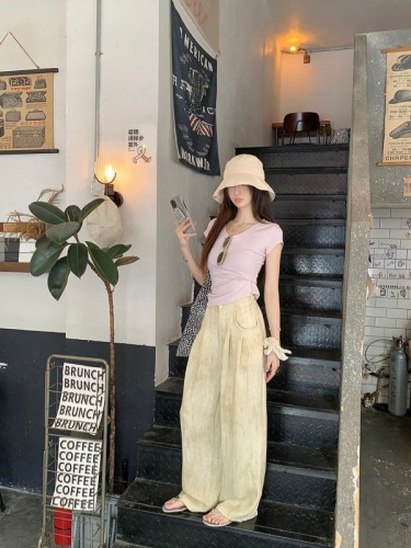 Actual shot ~ High-end handmade fried linen blended wide-leg casual pants for women, lazy sunscreen straight trousers