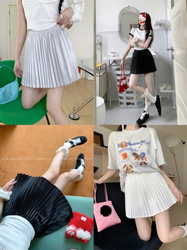 Actual shot ~ Korean style preppy high-waisted slimming versatile pleated satin A-line skirt
