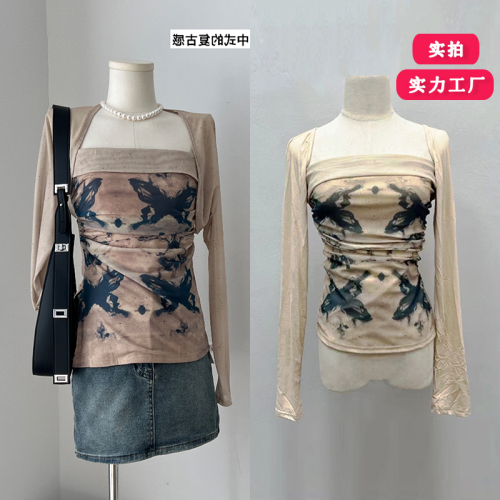 Ins style sweet and cool hot girl tube top slim vest summer butterfly ink print waist sexy chest wrap top for women