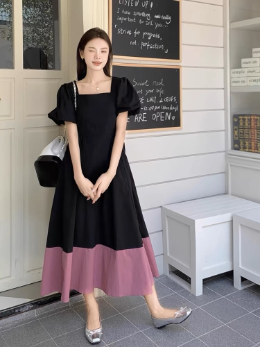 Korean chic summer new niche design square collar color matching dress women's high waist slim puff sleeve long skirt