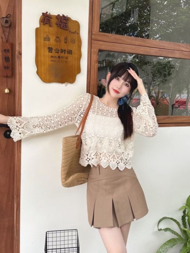 New Korean style round neck style lace crochet hollow thin sweater women's top long-sleeved blouse