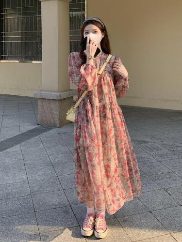 2024 Summer Sweet Style Floral Chiffon Dress Women's Early Spring Age-Reducing Loose Swing Skirt Puff Sleeve Long Skirt